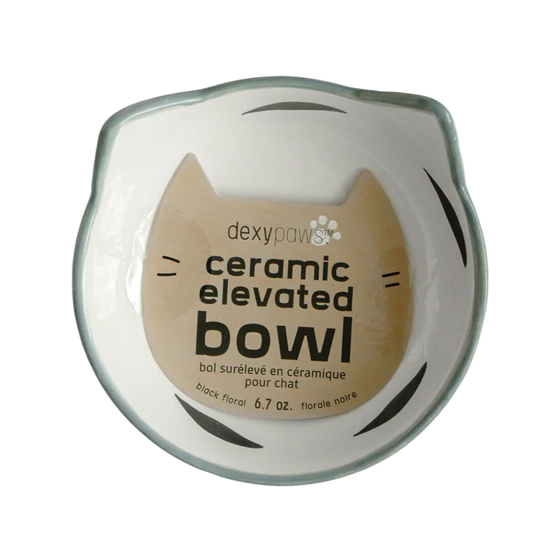 DEXYPAWS Chat Bol Surélevé 7oz Blanc/Fleurs Blanc & Noir