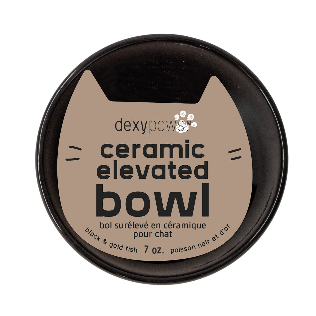 DEXYPAWS Chat Bol Surélevé 7oz Noir/Poissons Dorés