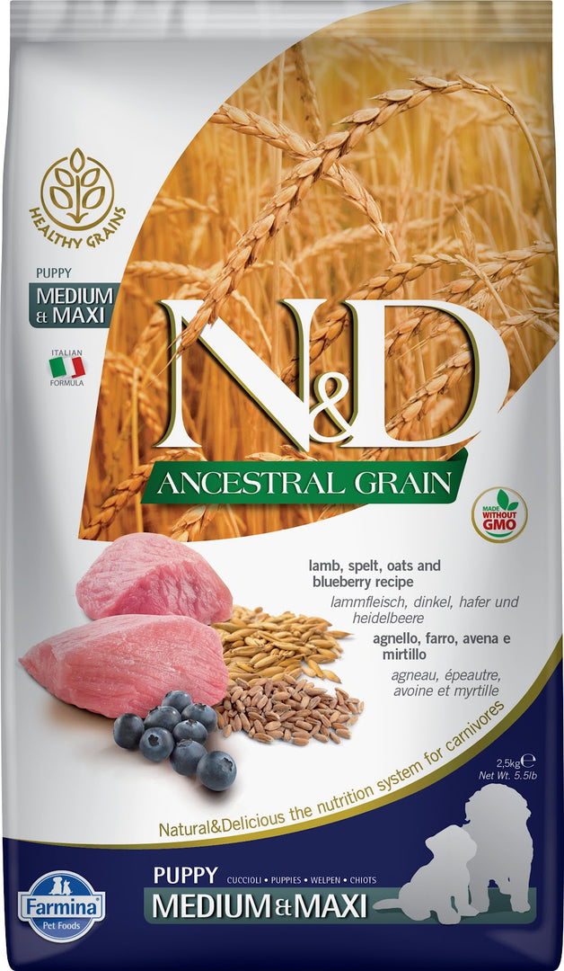N&D GRAINS ANCESTRAUX Chiot MR & GR Agneau & Myrtille 12kg