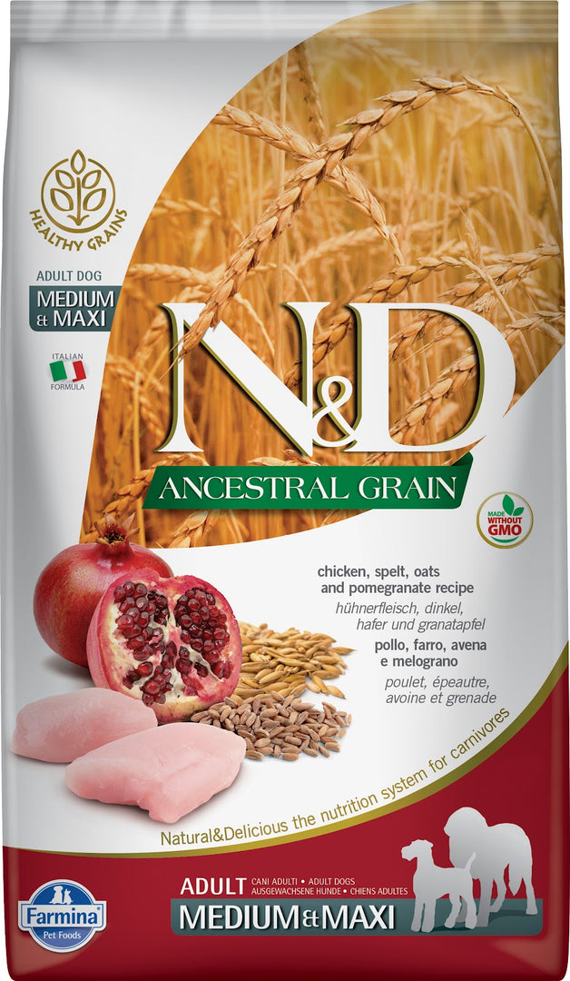 N&D GRAINS ANCESTRAUX Chien MR & GR Poulet & Grenade 12kg
