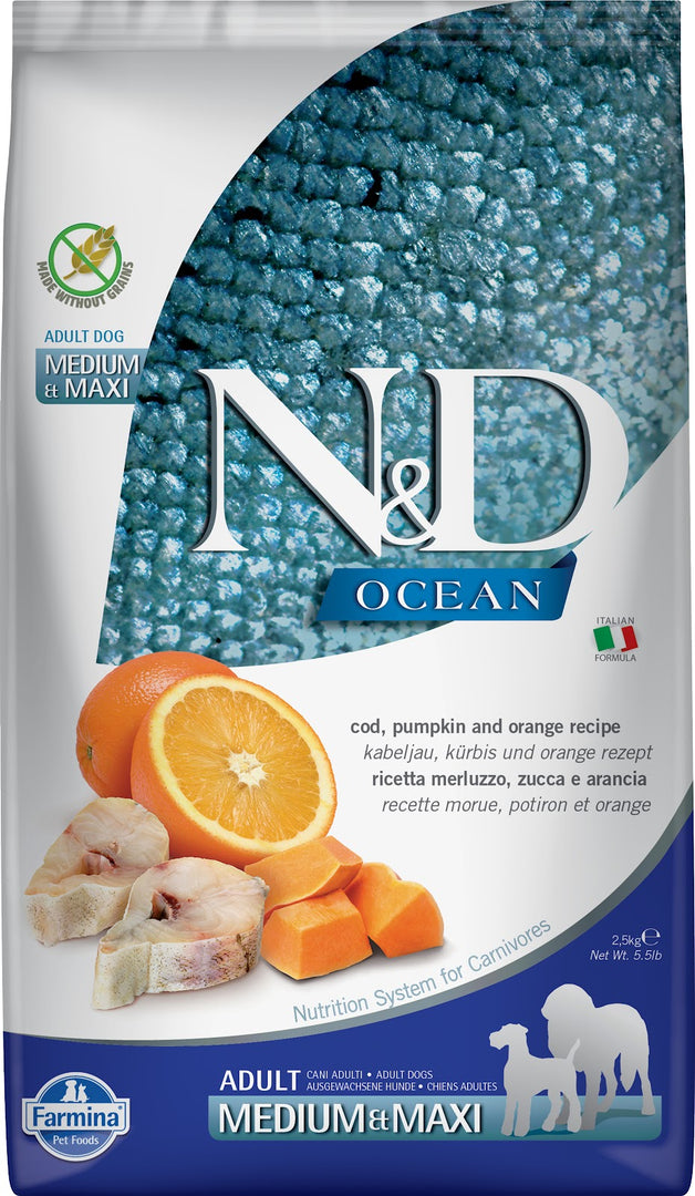 N&D OCÉAN Chien MR & GR Morue, Potiron & Orange SG 2.5kg