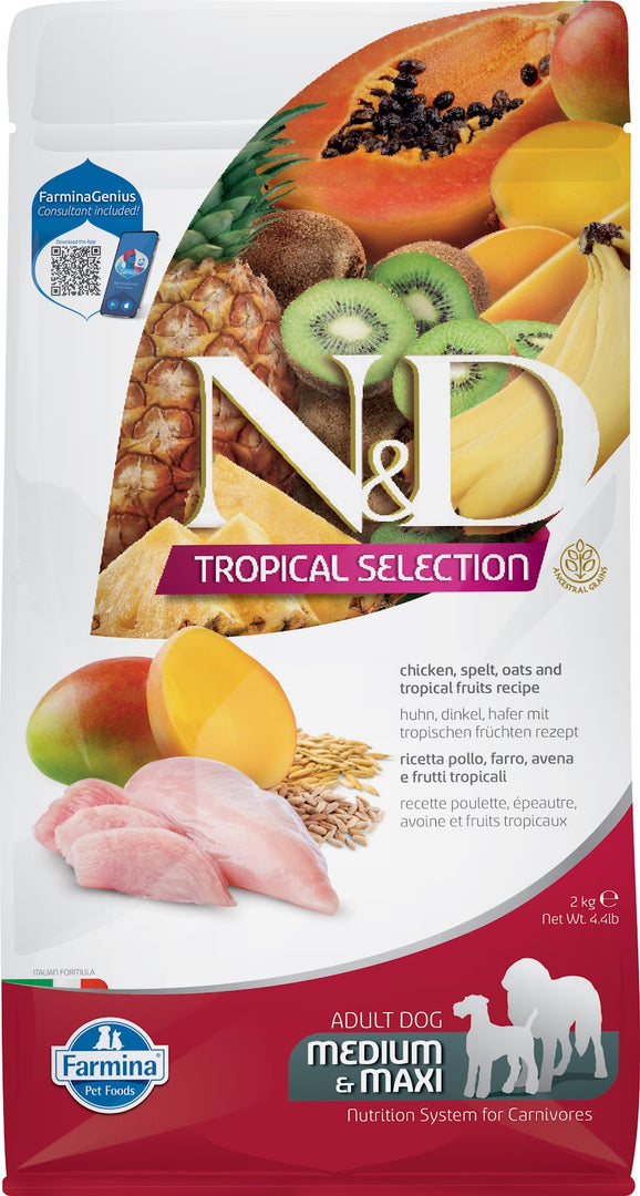 N&D TROPICAL Chien MR & GR Poulet & Fruits Tropicaux 2kg