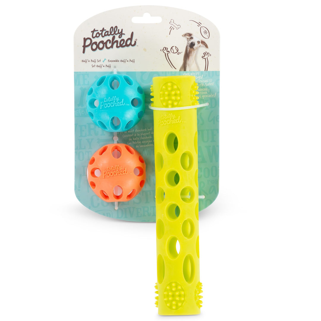 MESSY MUTTS Jouet Huff'N Puff Ensemble 2 Balles & 1 Bâton
