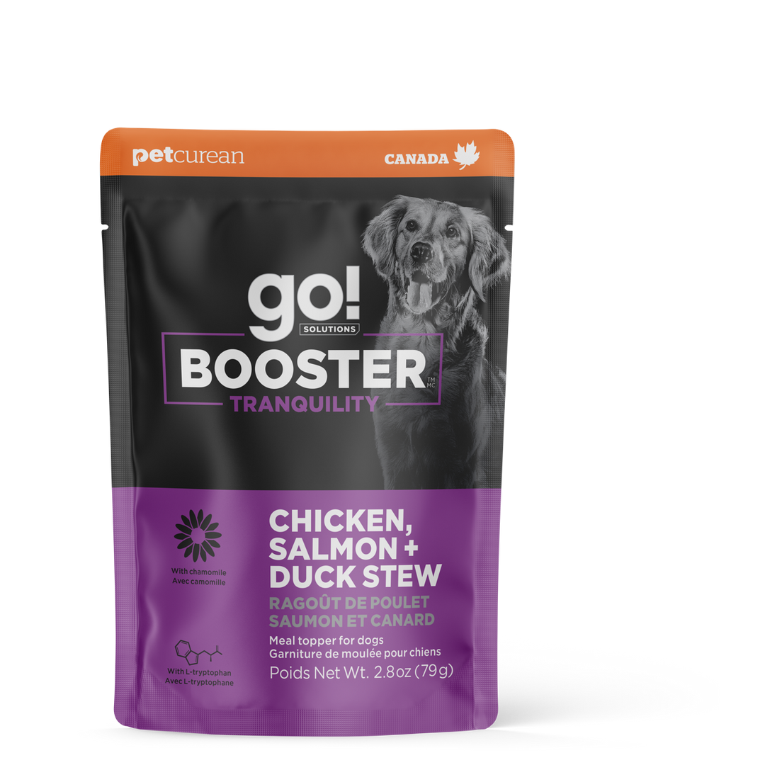 GO! BOOSTER Chien Tranquilité, Ragoût Poulet, Saumon & Canard 79g