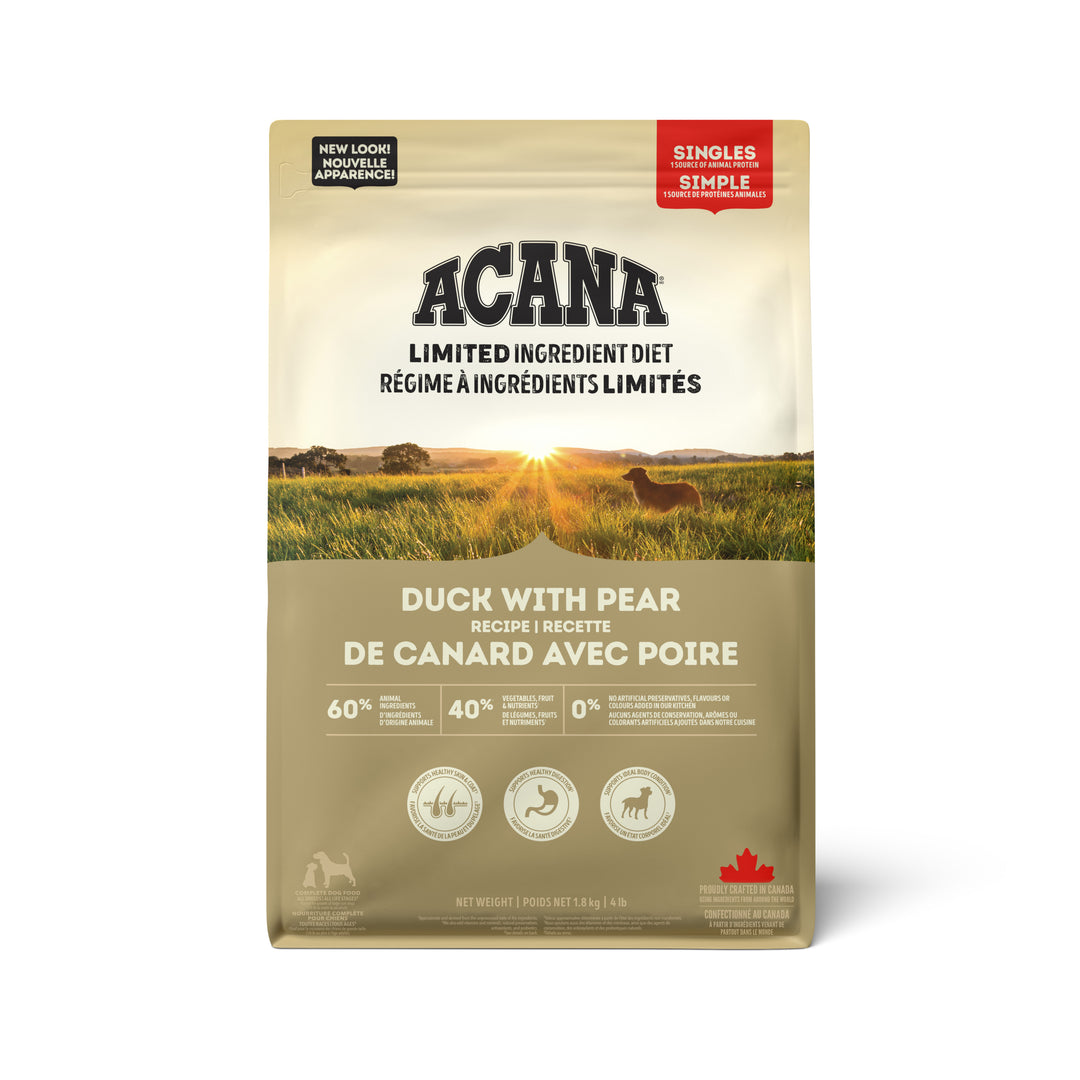 Acana Singles - Chien Canard et Poire - Nourriture Sèche à Ingrédients Limités Sans Grains pour Chiens