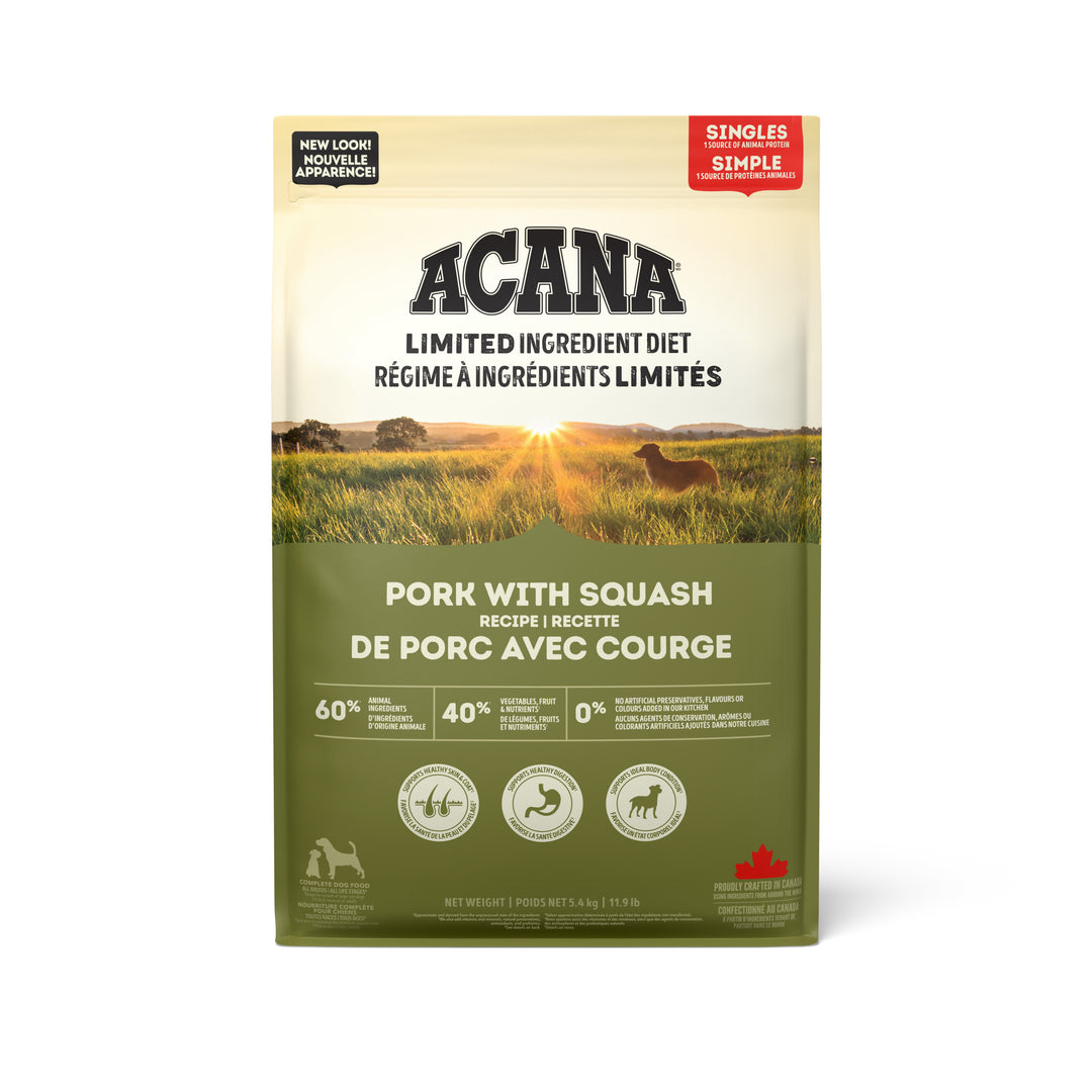 Acana Singles - Chien Porc avec Courge - Nourriture Sèche à Ingrédients Limités Sans Grains pour Chiens
